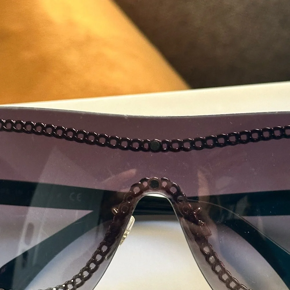 CHANEL Smoke Grey Black Sunglasses Gold Chain Detail Luxury Authentic Designer